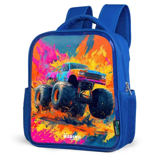 Monstertruck - Verfspatten - Kleurrijk - Explosie Kinderrugzak - Blauw middel -schuin