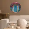 Deur - Hout - Bloemen - Blauw Akoestische PET Vilt - Rond klein -sfeer1