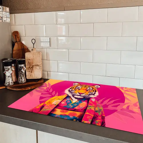Tijger - Kimono - Planten - Roze Inductie beschermer vinyl 3mm klein -sfeer3