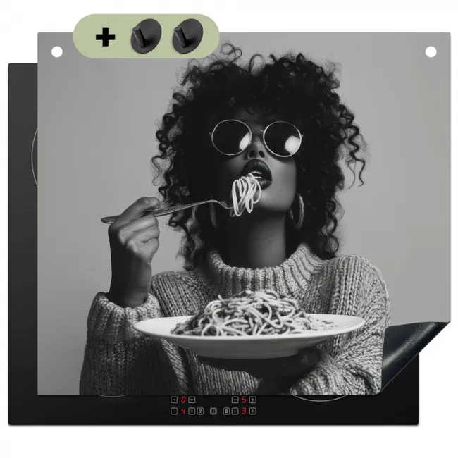 Inductiebeschermer & spatscherm (2in1) - Vrouw - Pasta - Zwart - Wit