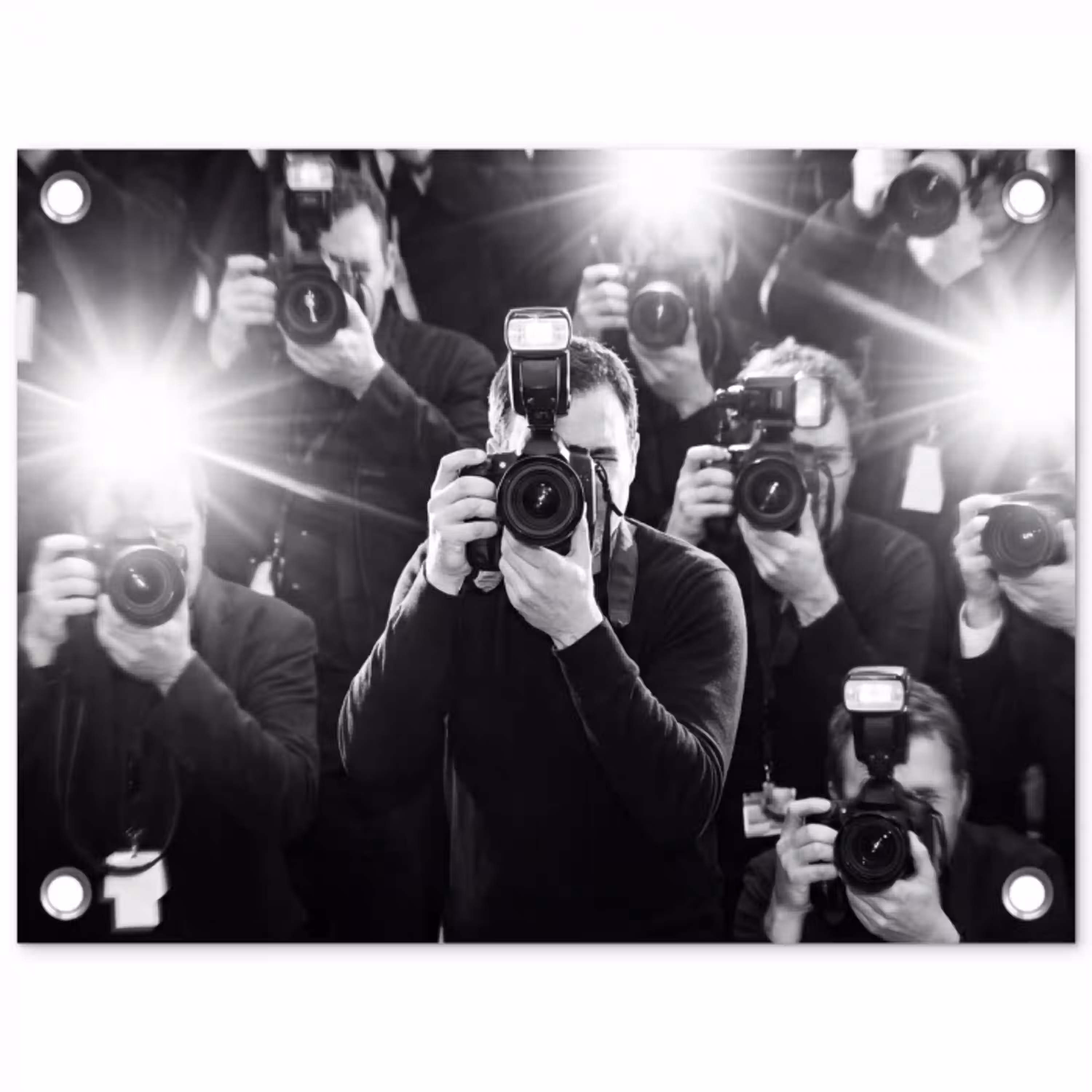 Mensen - Camera - Flitslicht - Zwart-wit - Media tuinposter los doek klein -3d