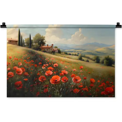 Klaprozen - Rood - Heuvels - Landschap Wandkleed katoen klein -zz3d