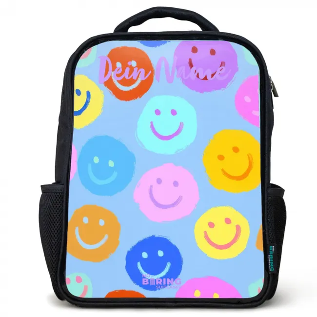 Kinderrucksack mit Namen - Schwarz - Heiteres Muster von Smileys