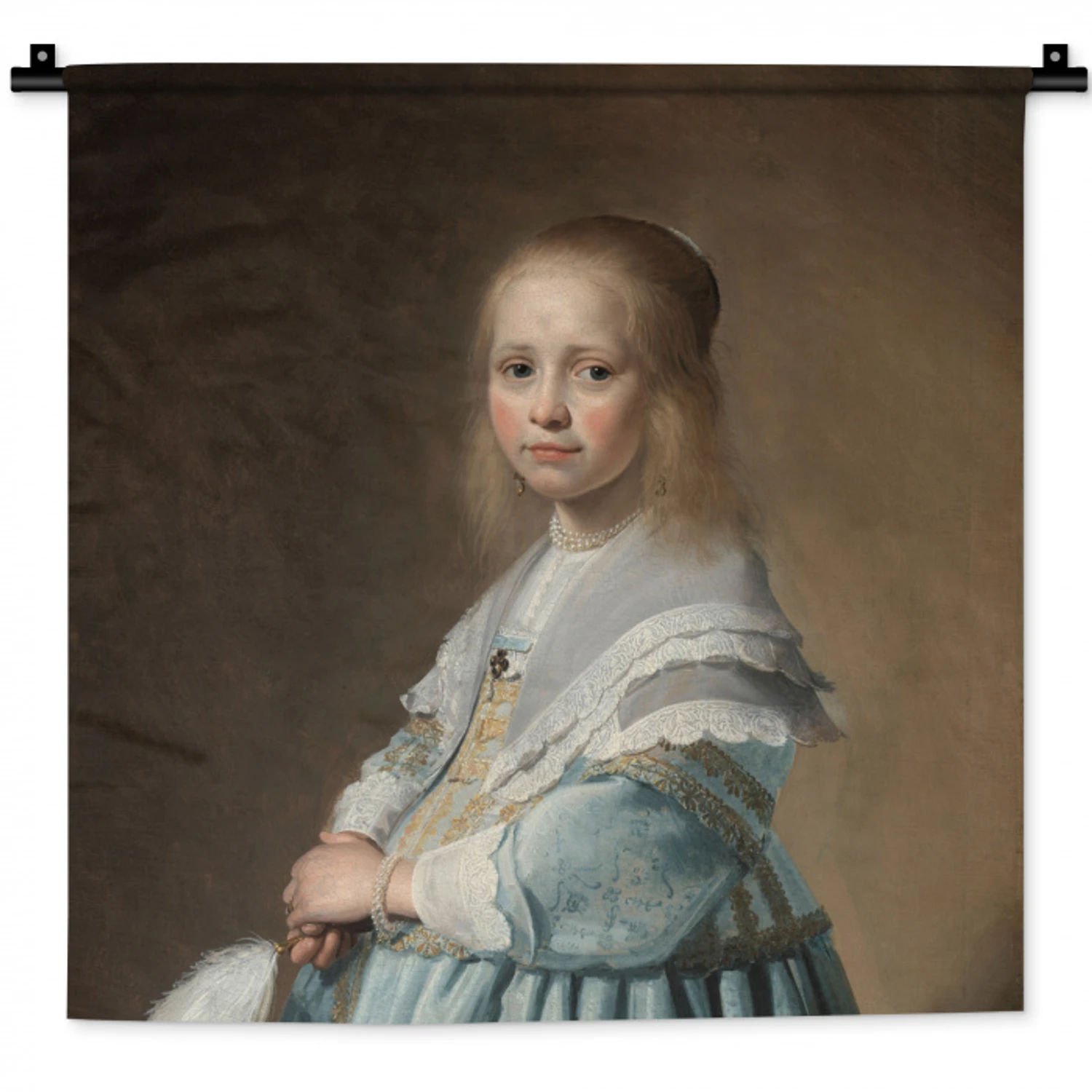 Portret van een meisje in het blauw - Schilderij van Johannes Cornelisz. Verspronck Wandkleed katoen klein -zz3d