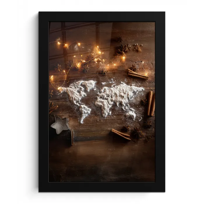 Wereldkaart - Poedersuiker - Hout fotolijst zwart zonder passe partout klein -3d