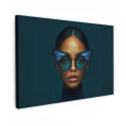Vrouw - Vlinder - Bril - Blauw - Modern - Portret Tuinposter op houten frame 2 cm dik klein -3d