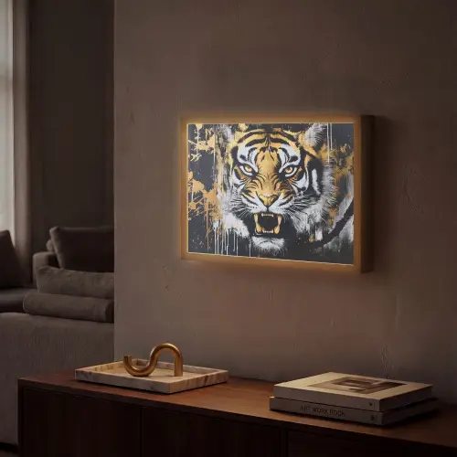 Tijger - Verfspatten - Goud Light Box met batterij (Wandlamp) middel -sfeer1