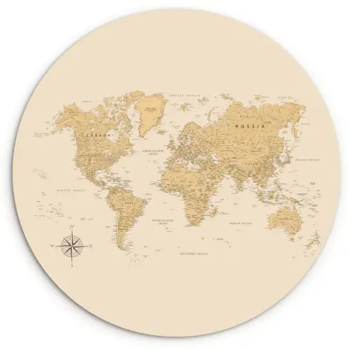 Wereldkaart - Realistisch - Beige Wandcirkel plexiglas klein -3d