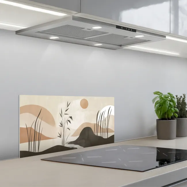Japandi - Landschap - Beige keuken achterwand spatscherm klein -3d_schuin