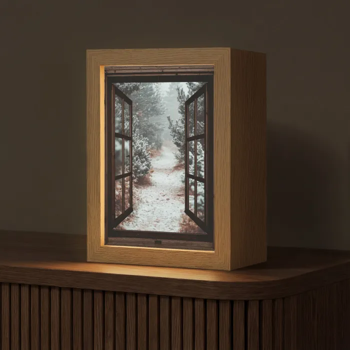 Bos - Winter - Bomen - Natuur - Pad - Doorkijk Light Box met kabel (Tafellamp) klein -z3d_website