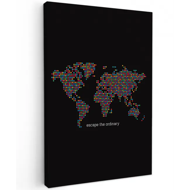 Stippen - Wereldkaart - Kleurrijk Tuinposter op houten frame 2 cm dik middel -3d