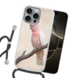 Papagaai - Tak - Roze Hoesje iPhone 16 Pro Max met koord klein -sfeer1