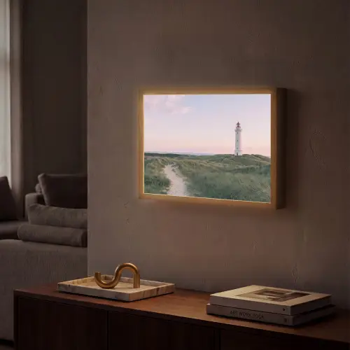 Vuurtoren - Duinlandschap - Zee Light Box met batterij (Wandlamp) middel -sfeer1