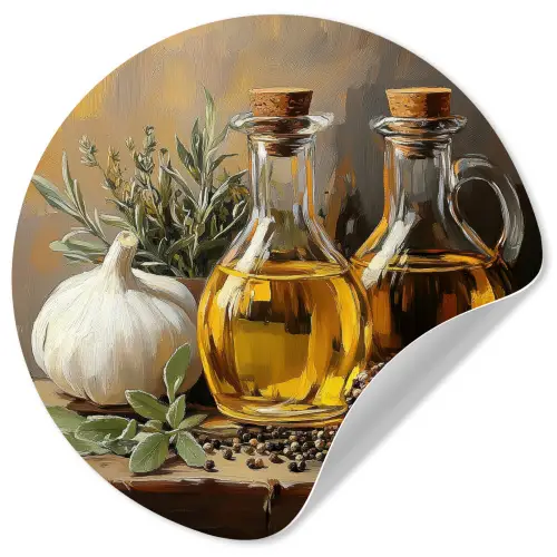 Stilleven - Olijfolie - Knoflook - Kruiden Wandcirkel behangsticker klein -3d