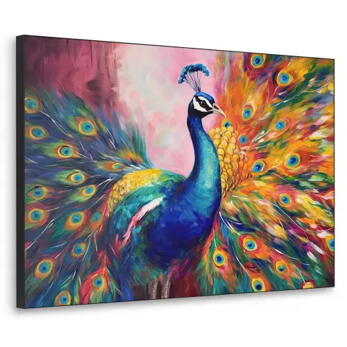Pauw - Dieren - Schilderij - Regenboog Textielframe zwart klein -3d