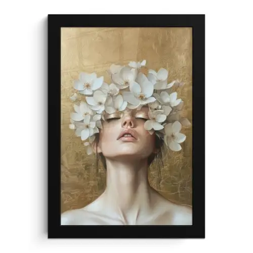 Gezicht - Bloemen - Goud - Abstract fotolijst zwart zonder passe partout klein -3d