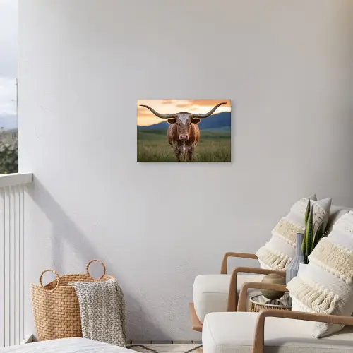 Longhorn - Landschap - Zonsondergang Tuinposter op houten frame 2 cm dik klein -sfeer1