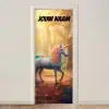 Kleurrijke eenhoorn in zonlicht met naamtekst deurposter klein -3d_beige