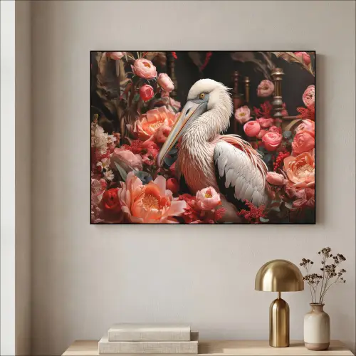 Pelikaan - Dier - Bloemen - Natuur - Botanisch - Roze Textielframe zwart klein -sfeer2