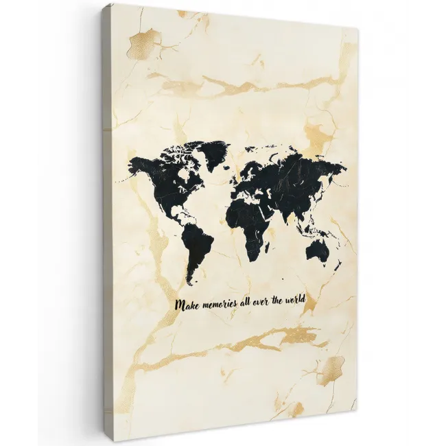 Marmer - Wereldkaart - Goud - Zwart Tuinposter op houten frame 2 cm dik middel -3d