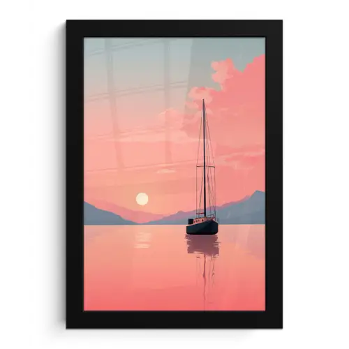 Zeilboot - Roze zee - Zonsondergang - Bergen fotolijst zwart zonder passe partout klein -3d
