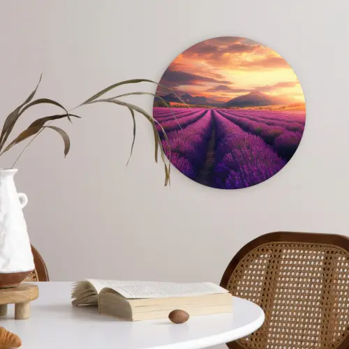 Lavendelveld - Zonsondergang - Paars Wandcirkel plexiglas klein -sfeer4