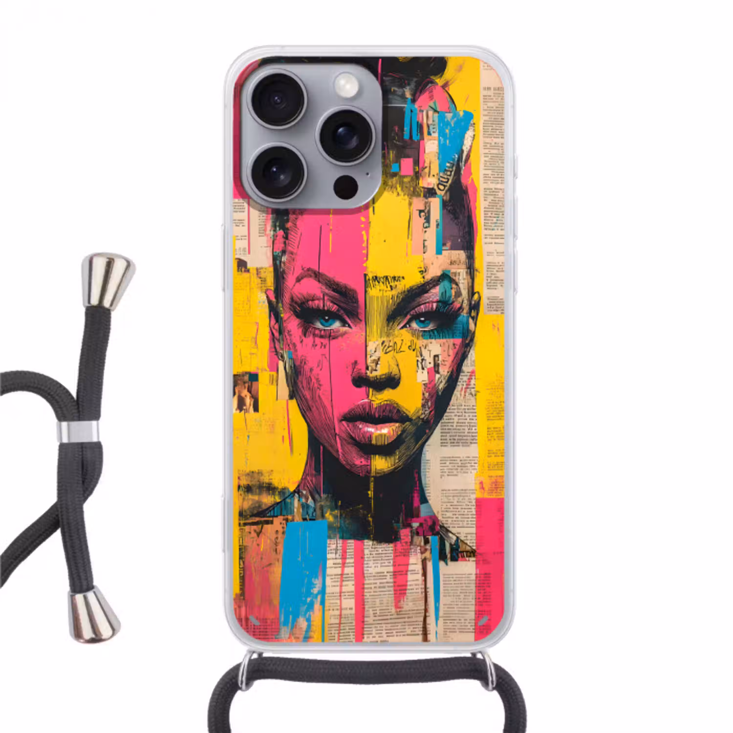 Vrouwengezicht - Krantenpapier - Abstract - Roze Hoesje iPhone 16 Pro Max met koord klein -3d