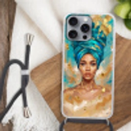 Portret - Vrouw - Schilderij - Blauw - Goud - Expressief Hoesje iPhone 16 Pro Max met koord klein -sfeer4