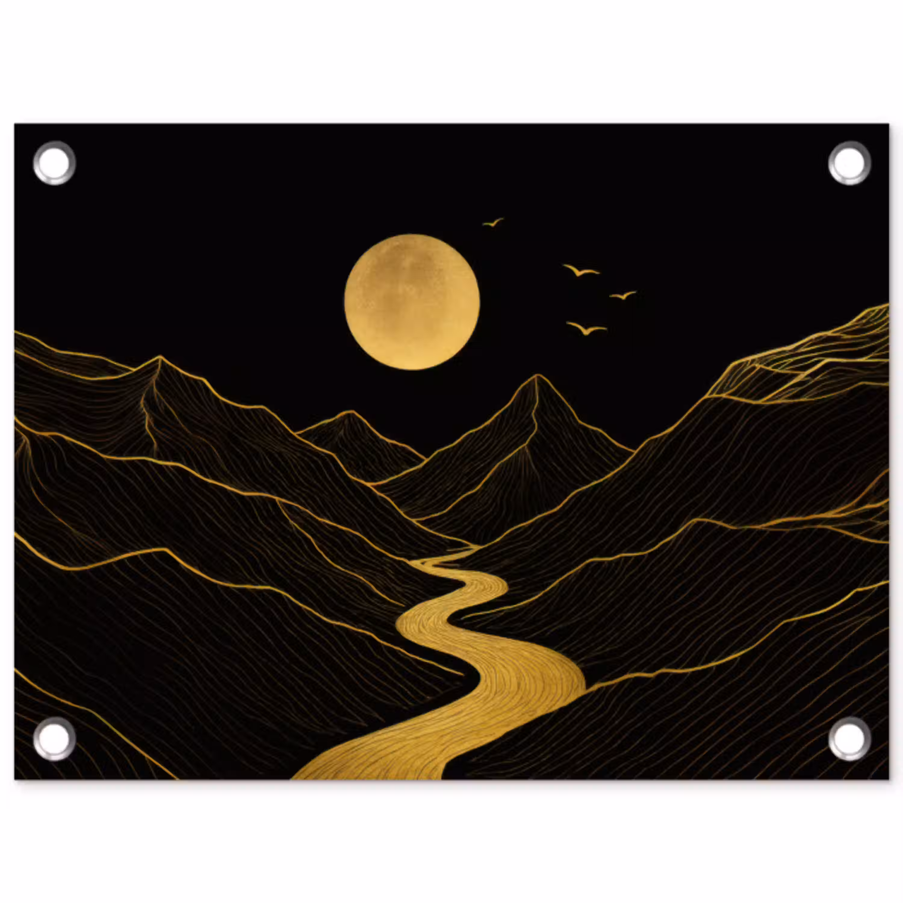 Rivier - Goud - Maan - Vogels tuinposter los doek klein -3d