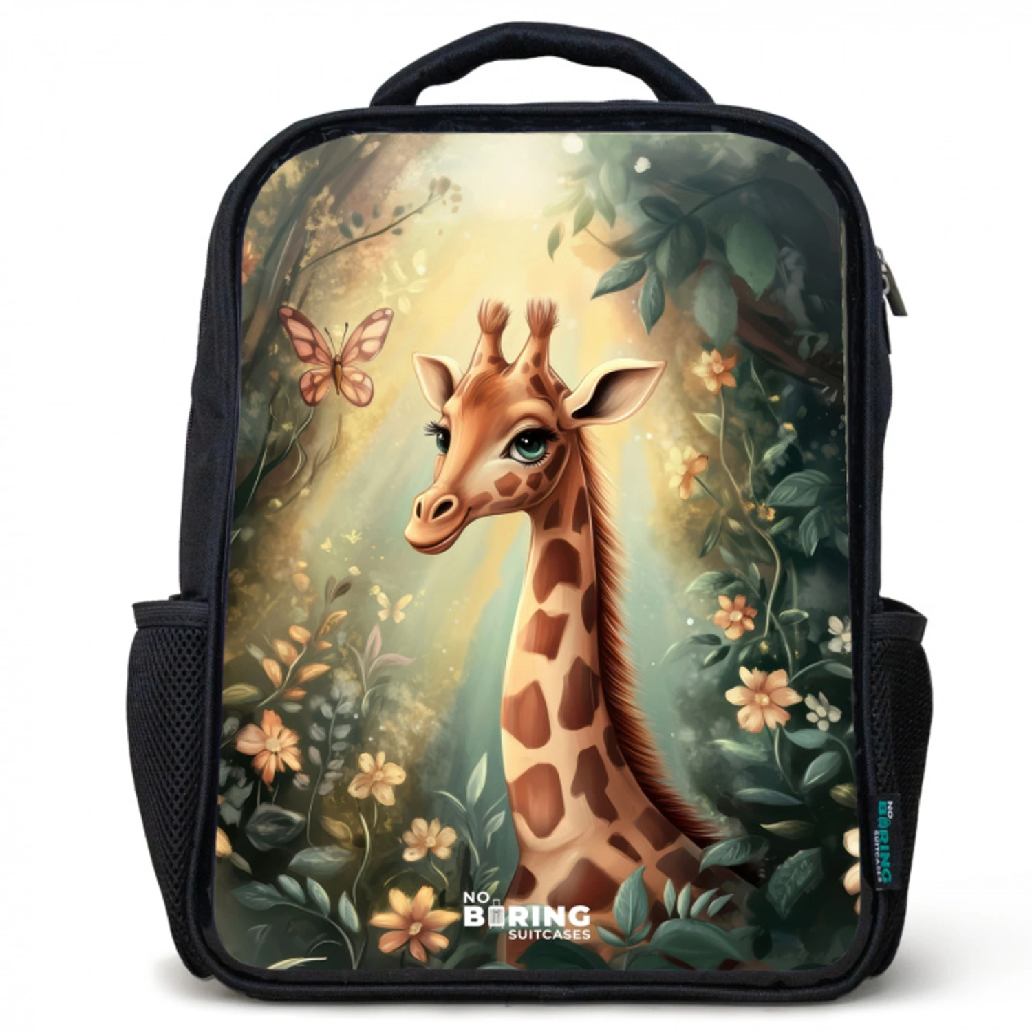 Jonge giraf tussen bloemen in zonnig woud Rugzak - Zwart middel -3d