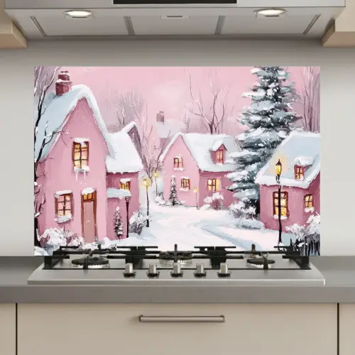 Kerstdorp - Roze - Winter - Sneeuw - Huizen keuken achterwand spatscherm klein -3d_website