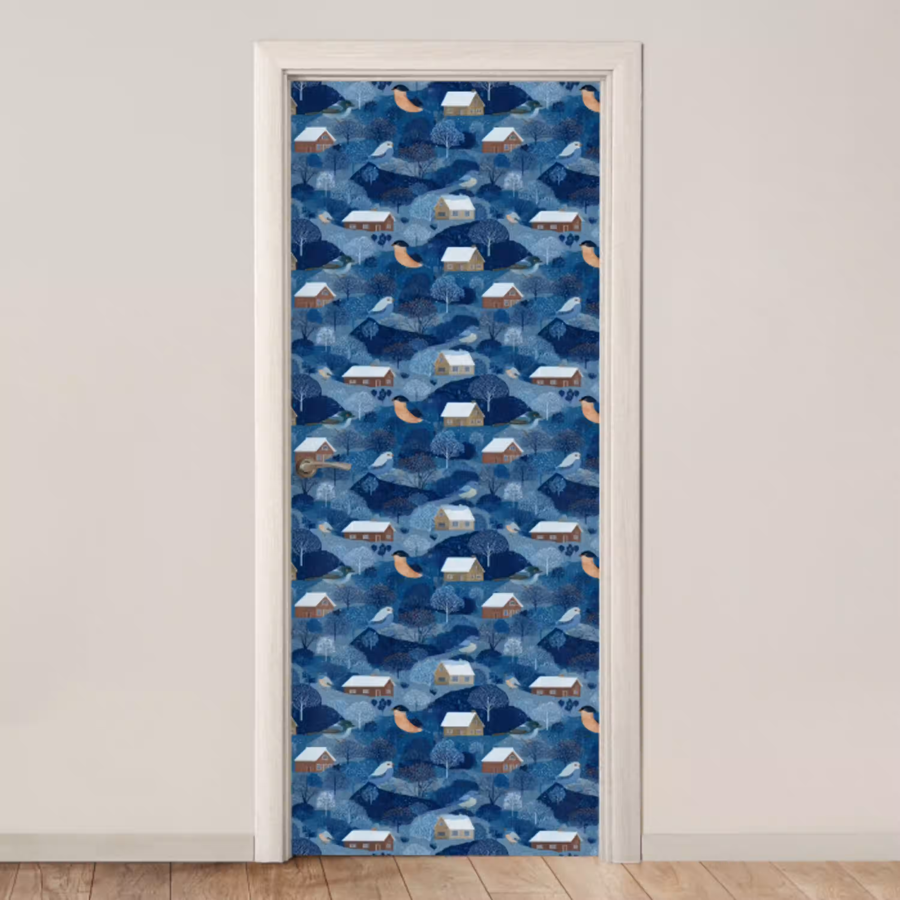 Huisjes - Vogels - Sneeuw - Winter - Blauw deurposter klein 289 -3d_beige