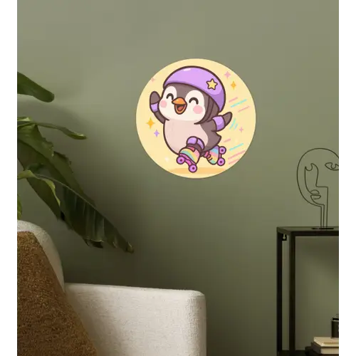 Pinguïn - Rolschaatsen - Geel - Energiek Wandcirkel behangsticker klein -sfeer2