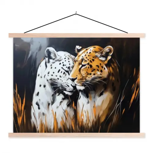 Luipaard - Oranje - Wit - Gras textielposter latten blank klein -3d