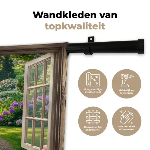 Doorkijk - Tuin - Raam - Hortensia - Bloemen Wandkleed katoen klein -sfeer2