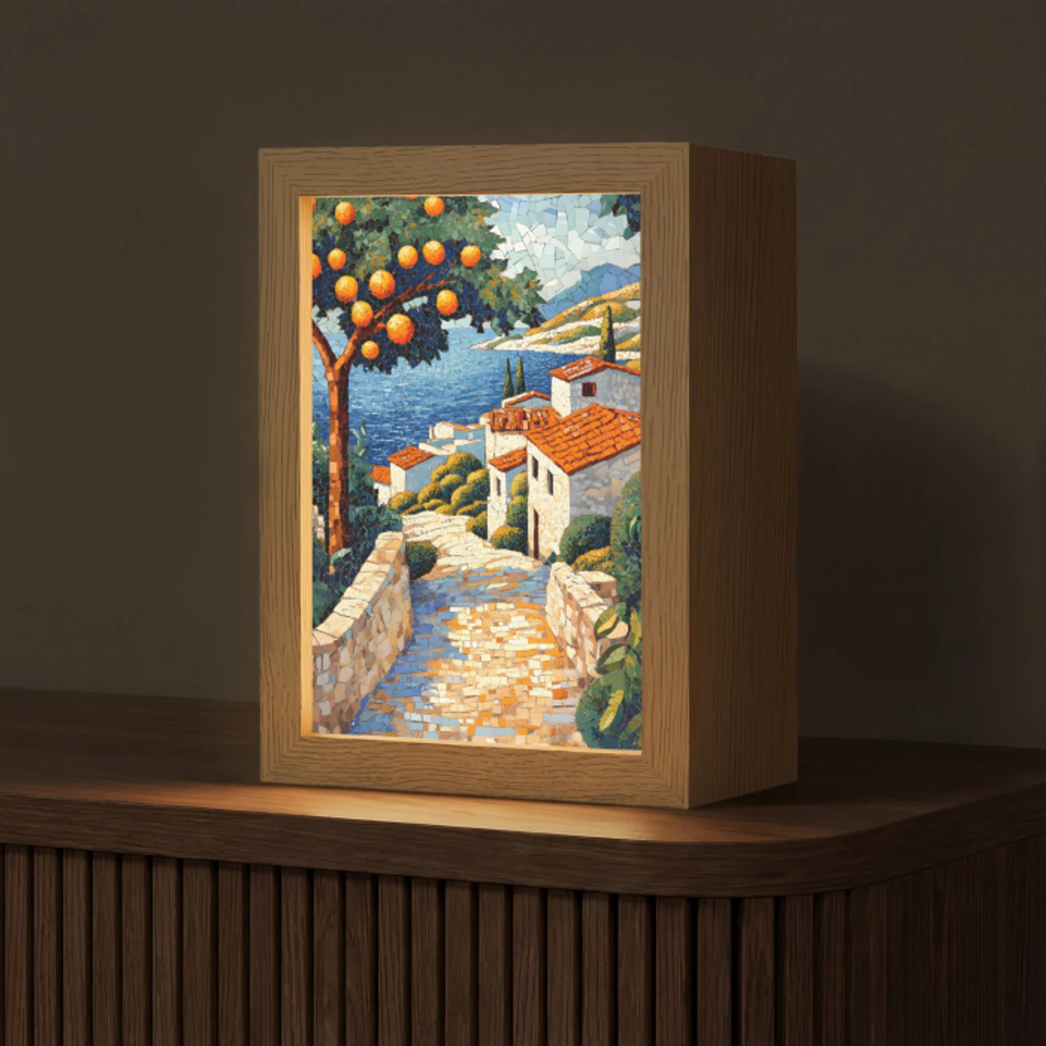 Huizen - Mozaïek - Sinaasappelbomen - Zee Light Box met kabel (Tafellamp) klein -z3d_website