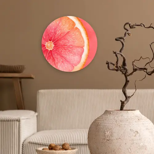 Grapefruit - Roze - Levendig Wandcirkel kunststof plaat 5mm dik klein -sfeer1