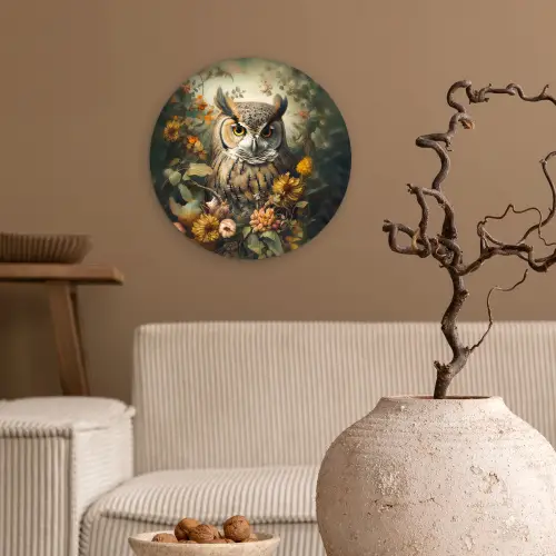 Uil - Vogels - Bloemen - Natuur Wandcirkel kunststof plaat 5mm dik klein -sfeer1