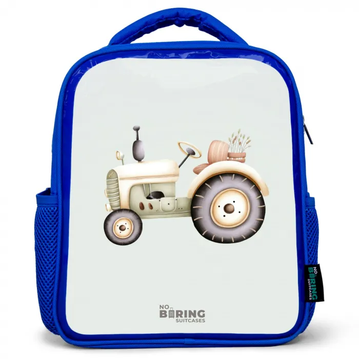 Beige vintage tractor in pastel groene kleuren Kinderrugzak - Blauw middel -3d