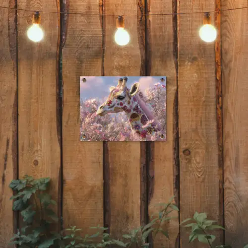 Giraffe - Bloemen - Roze tuinposter los doek klein -sfeer1