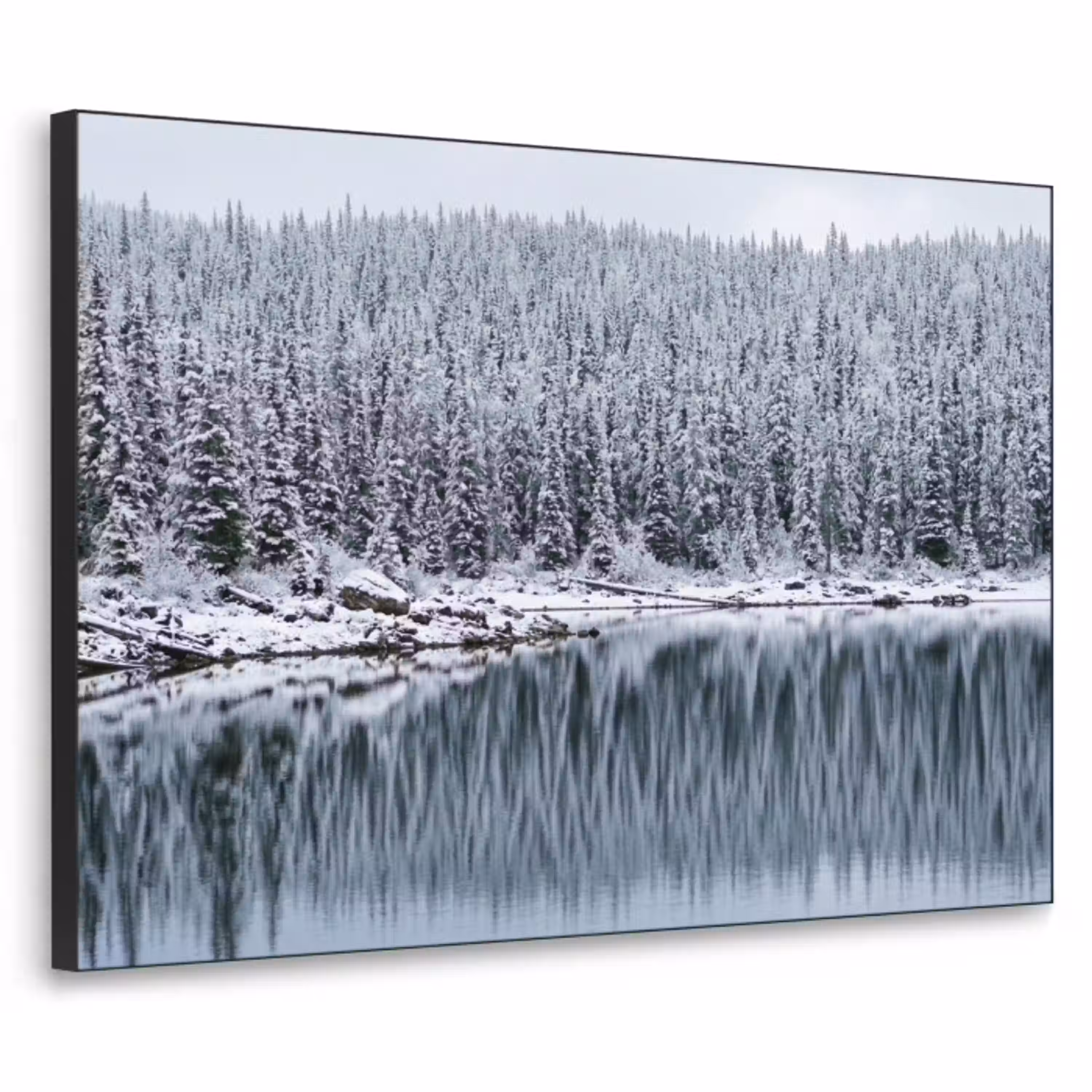Bos - Reflectie - Meer - Winter - Serene Textielframe zwart klein -3d