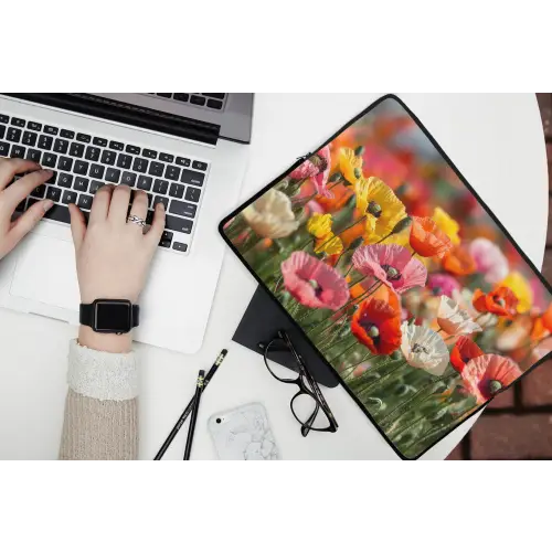 Bloemenveld - Klaprozen - Kleurrijk laptophoes neopreen klein -bureau