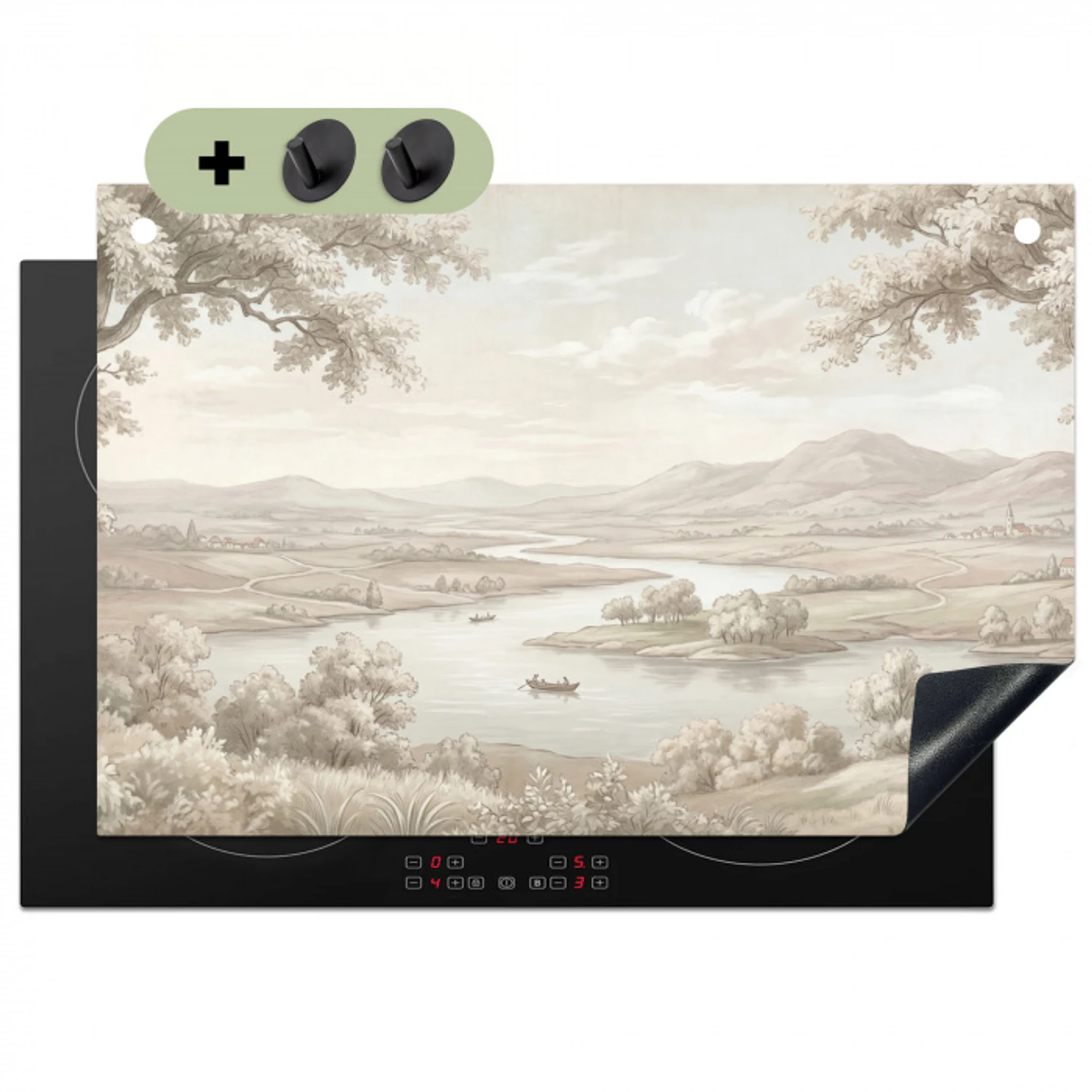 Rivierlandschap - Bergen - Natuur - Vintage - Beige Inductie beschemer met haakjes klein -3d