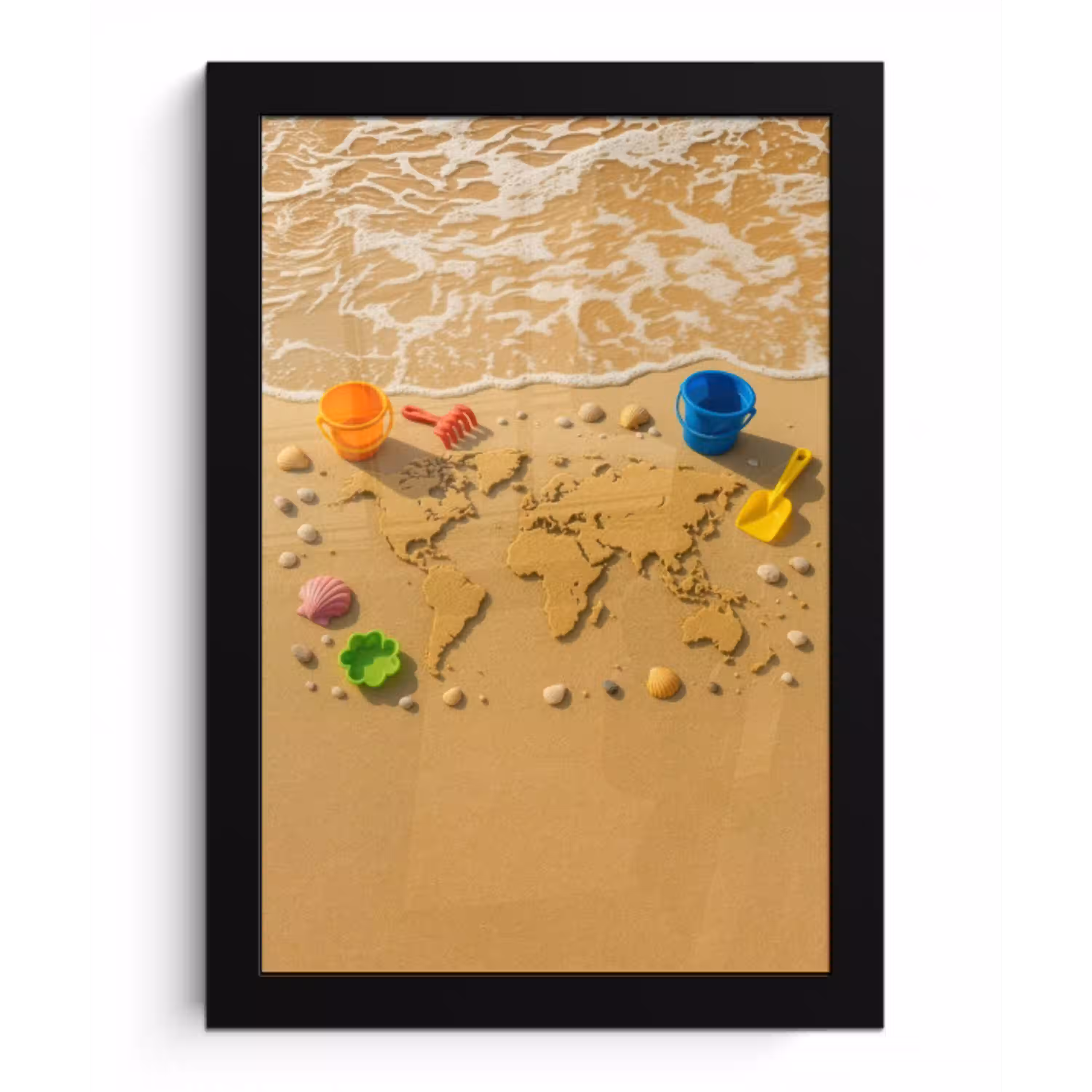 Wereldkaart - Zand - Kleurrijk - Zomer fotolijst zwart zonder passe partout klein -3d