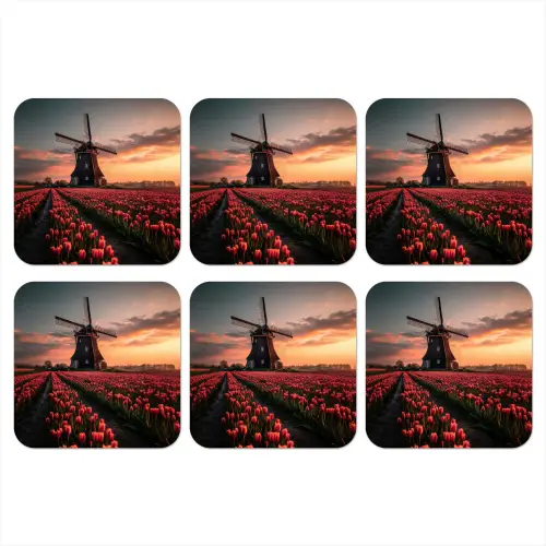 Molen - Zonsondergang - Tulpen - Rood onderzetter kurk middel -3d