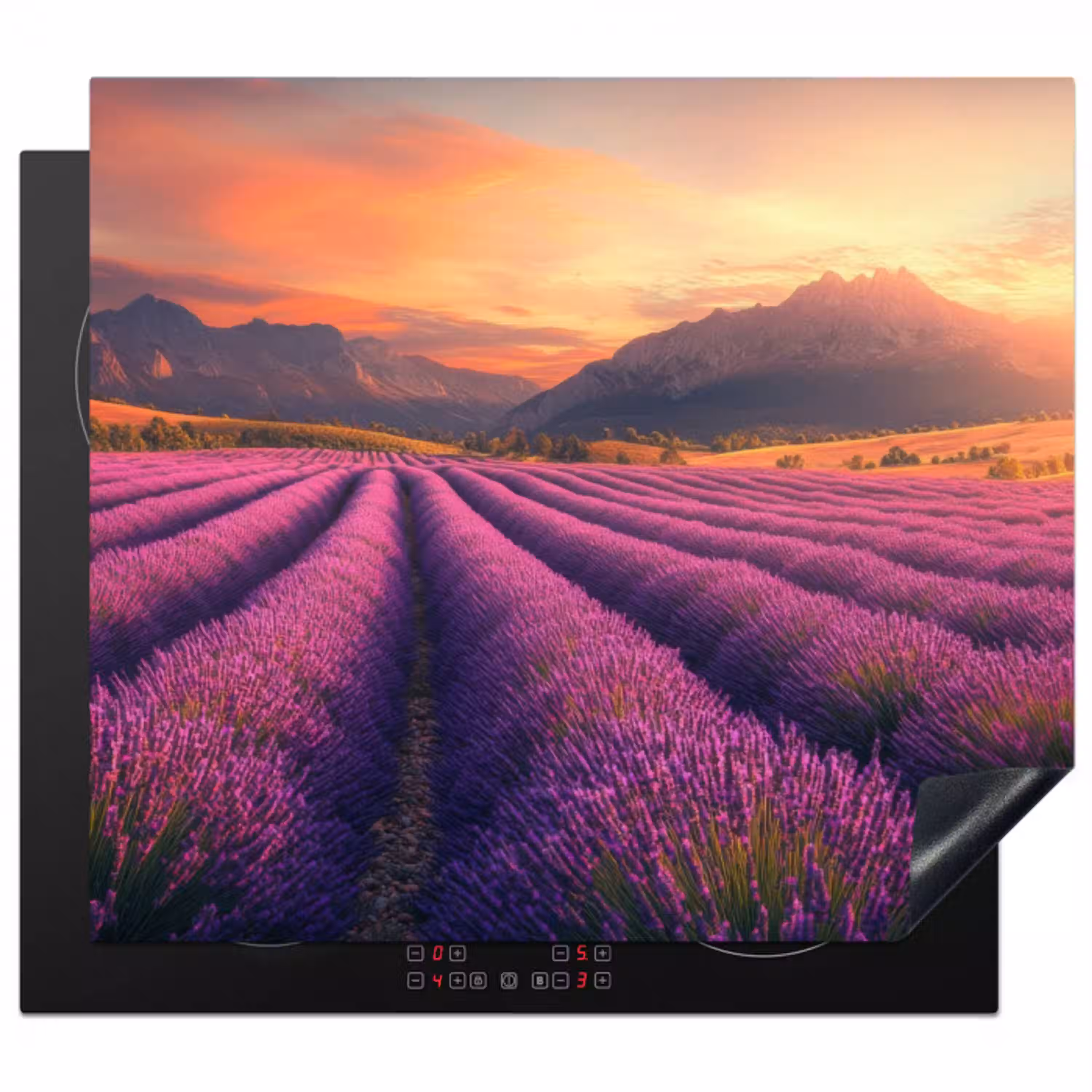 Lavendelveld - Zonsondergang - Paars Inductie beschermer vinyl 3mm middel -3d