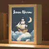 Zeilschip - Sterrenhemel - Wolken - Blauw Light Box met kabel (Kinderlampje) klein -zzz_3d_website