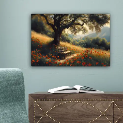 Bankje - Boom - Klaprozen - Heuvels canvas 2cm klein -sfeer4