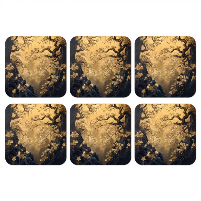 Bloemen - Takken - Goud - Sierlijk onderzetter kurk middel -3d