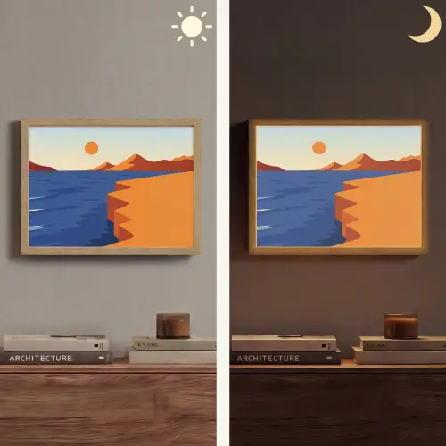 Landschap - Bergen - Zon - Zee Light Box met batterij (Wandlamp) middel -sfeer3
